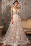 Sleeveless V-Neck Tulle A-Line Lace Appliques Wedding Dress BM bride