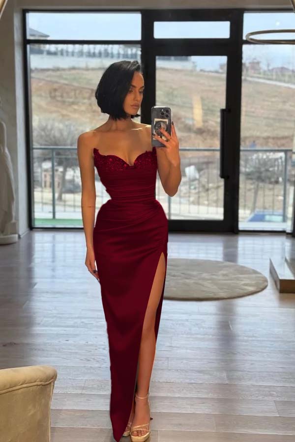 Strapless Sleeveless Long Split Prom Dress With Pleated Sequins