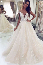 Long A-Line Tulle Open Back Wedding Dress with Off-the-Shoulder BM bride