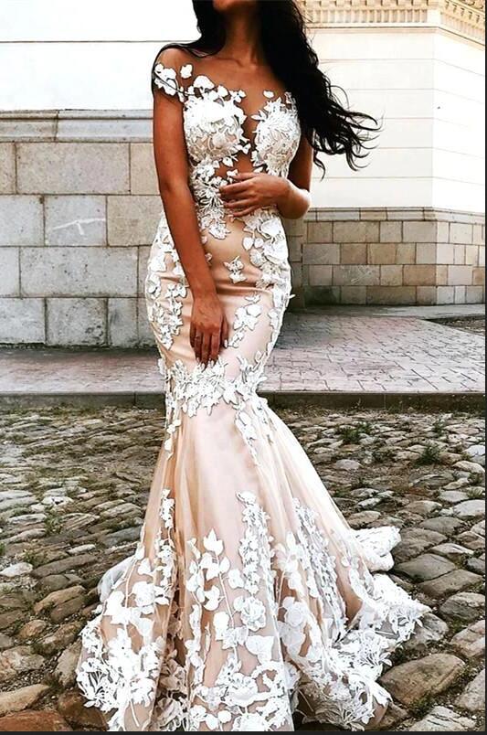 Vintage Off-the-Shoulder Backless Floor-Length Mermaid Wedding Dress with Lace Appliques BM bride