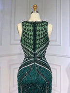 Green Sequin Prom Dress, Beaded V-Neck Long with Feather BM bride