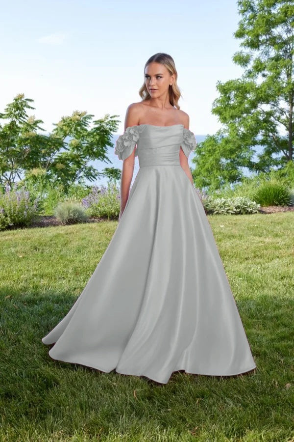Off the Shoulder Sleeveless Long A Line Prom Dress With Pleated BMBRIDE