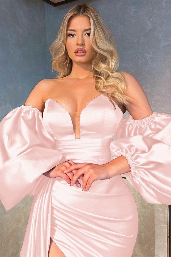 Shiny V-Neck Evening Prom Dress with Detachable Sleeves, Ruffles, and Split BM bride