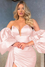 Shiny V-Neck Evening Prom Dress with Detachable Sleeves, Ruffles, and Split BM bride