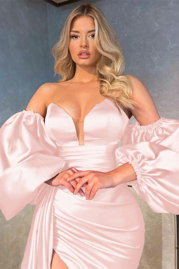 Shiny V-Neck Evening Prom Dress with Detachable Sleeves, Ruffles, and Split BM bride