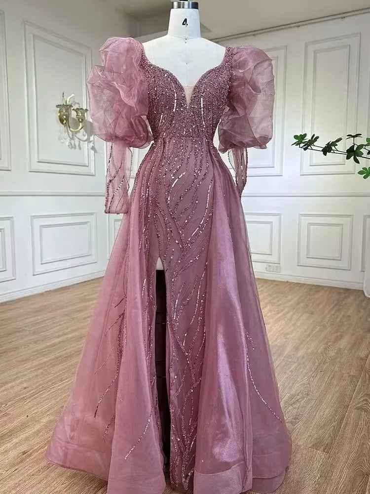 Retro Dusk Bead Embroidery Long Bubble Sleeves Split Long Prom Dress