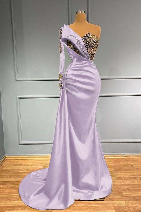 Dark Blue Long Sleeve One Shoulder Pleated Mermaid Prom Dress With Beadings BMBRIDE