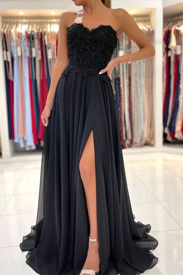 Black Sweetheart Prom Dress Appliques with Split BM bride