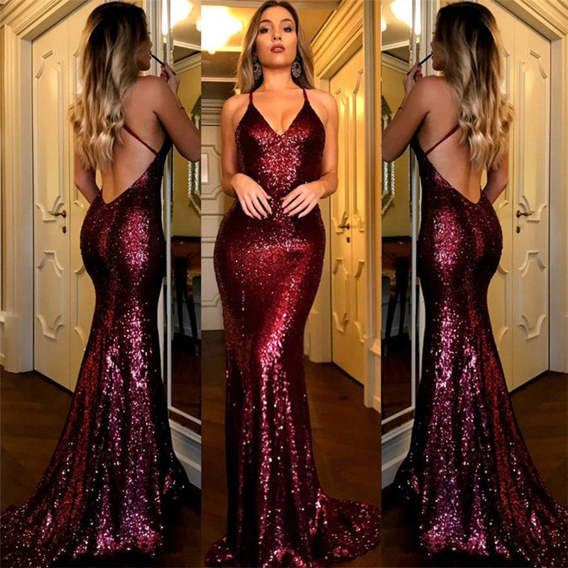 Burgundy Backless Sequin Evening Dress BM bride