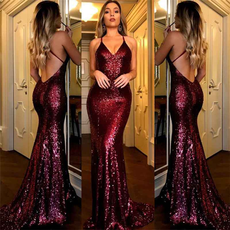 Burgundy Sequins Halter Sleeveless V Neck Backless Prom Dress