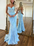 Baby Blue V-Neck Backless Mermaid Tulle Prom Dress with Lace Printing BM bride