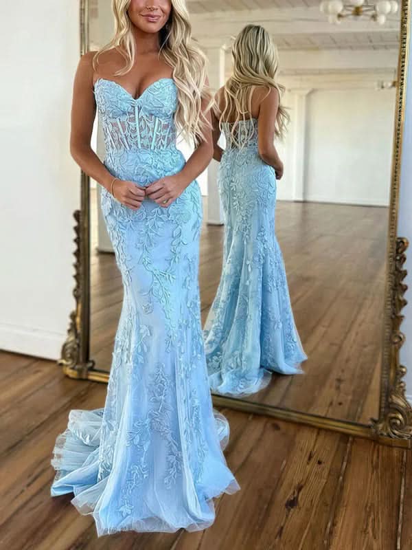 Baby Blue V-Neck Backless Mermaid Tulle Prom Dress with Lace Printing BM bride