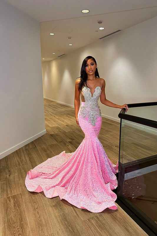 Glamorous Sliver And Pink V Neck Mermaid Prom Dress  Sleeveless Leaky Back