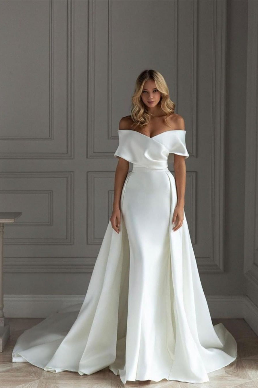 White Off-The-Shoulder Mermaid Prom Dress with Ruffles BM bride