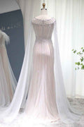 Glamorous Crew Neck Mermaid Prom Dress Tulle Cap With Feathers Appliques