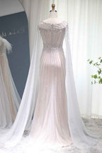 Glamorous Crew Neck Mermaid Prom Dress Tulle Cap With Feathers Appliques