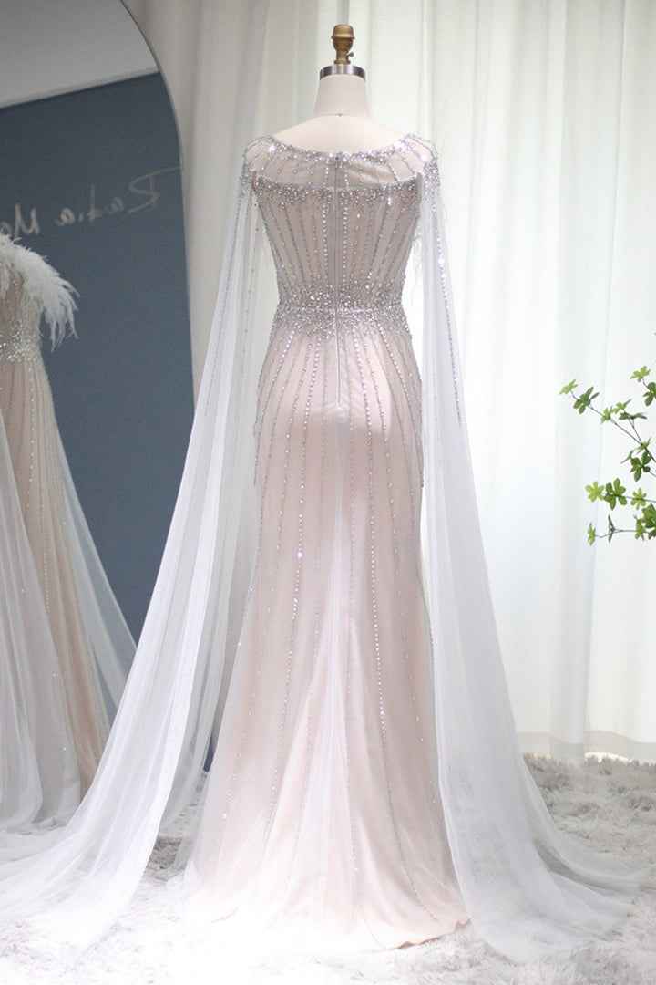 Glamorous Crew Neck Mermaid Prom Dress Tulle Cap With Feathers Appliques