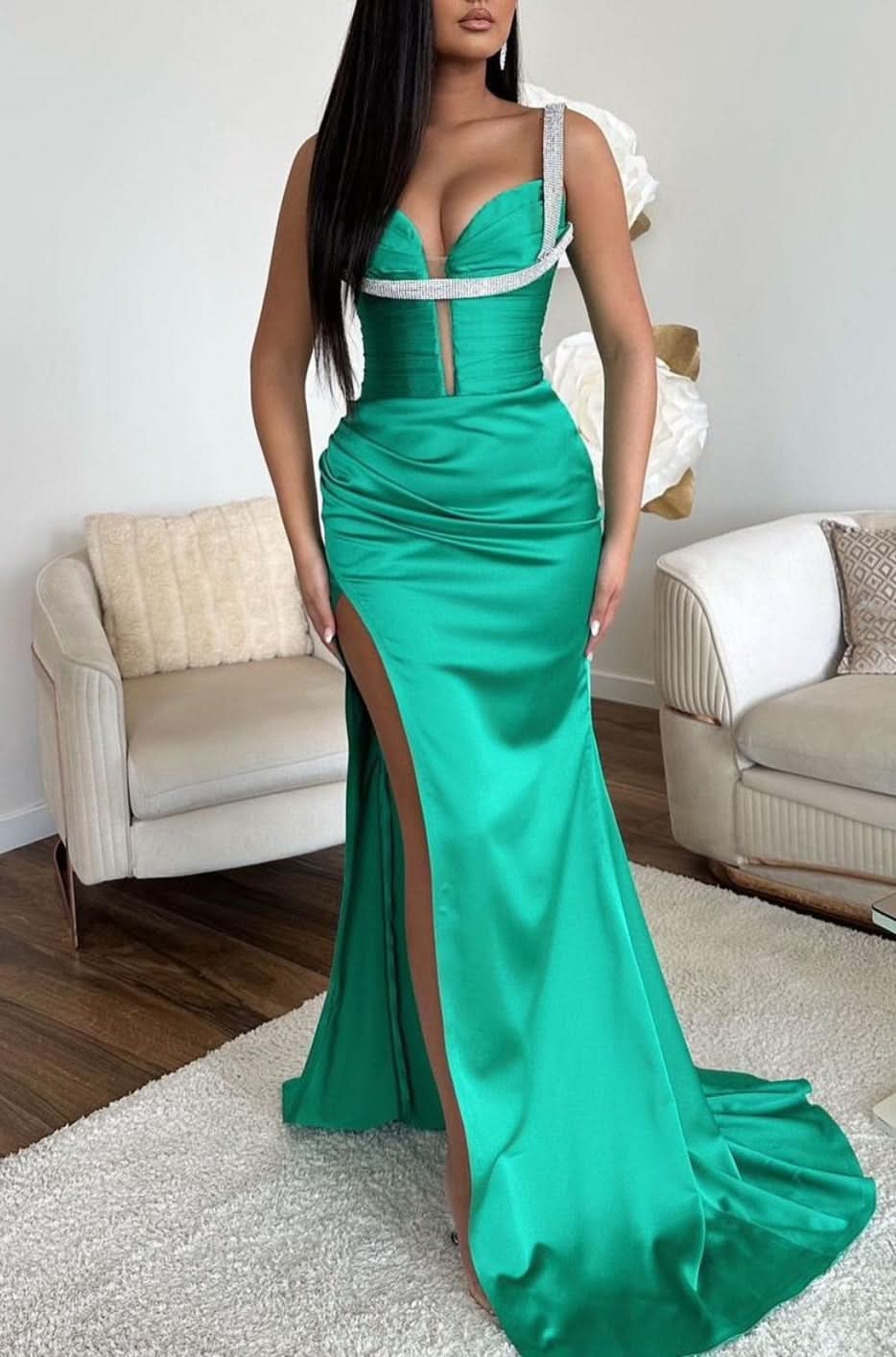 Jade Sleeveless Spaghetti-Strap V-Neck Mermaid Prom Dress with High Slit BM bride