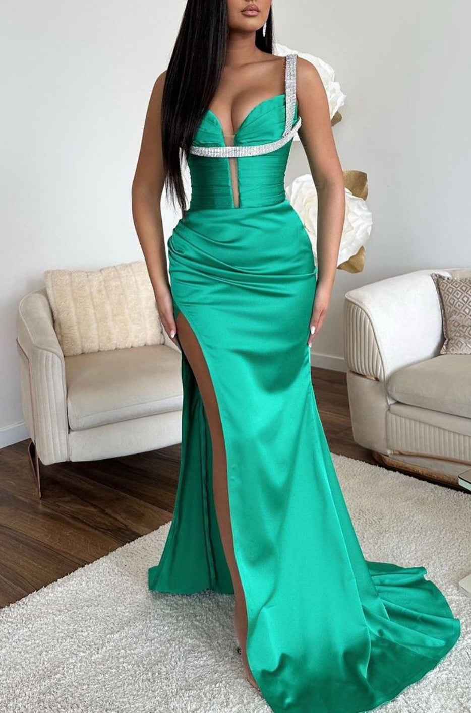 Jade Prom Dress Sleeveless Spaghetti Strap Mermaid With High Split