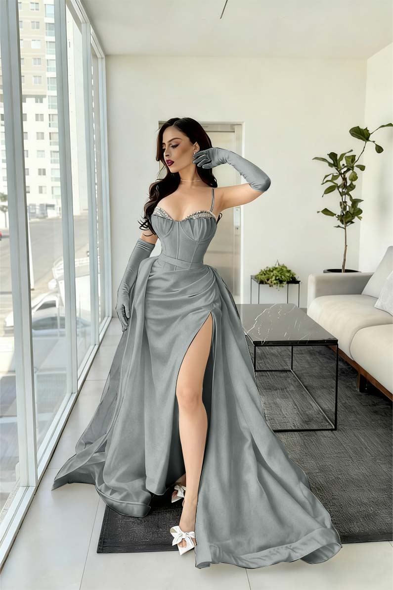 Spaghetti Strap Sleeveless Long Mermaid Prom Dress With Split Gloves BMBRIDE