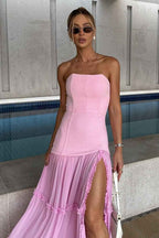 Strapless Sleeveless Ruffles Long Prom Dress With Front Split