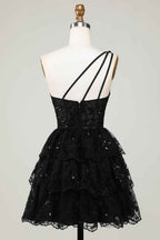 Sparkly Navy Tiered Lace One Shoulder A-Line Short Homecoming Dress Bmbride