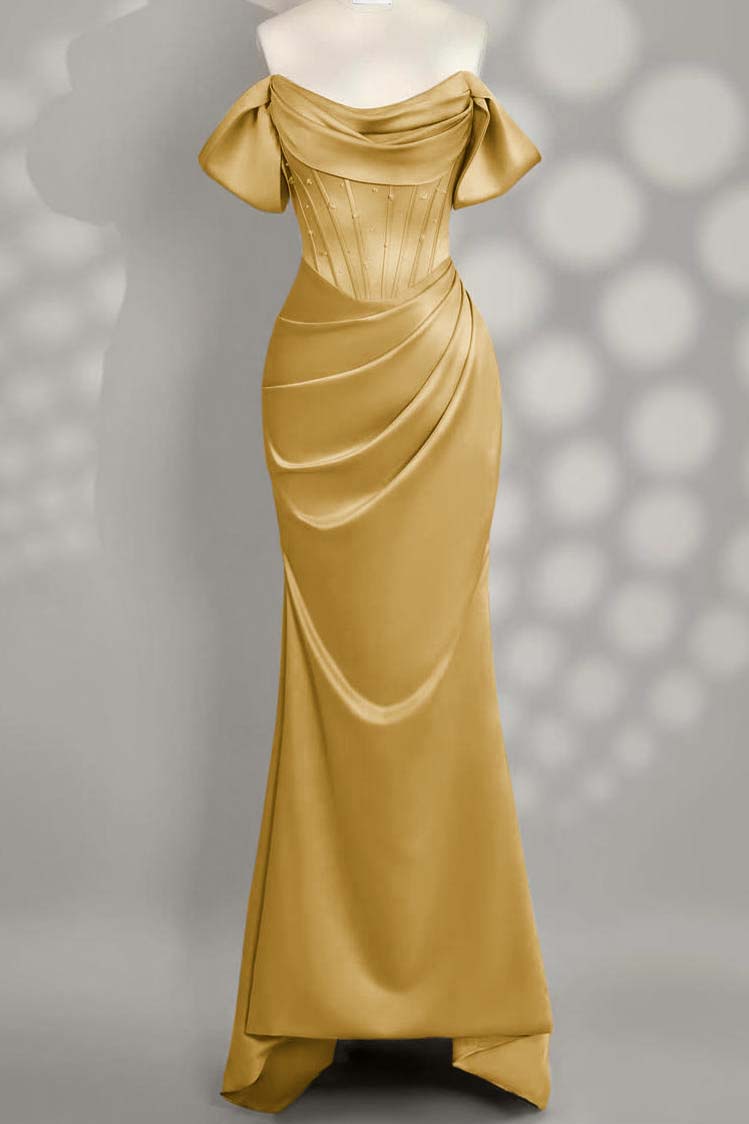 Off the Shoulder Sleeveless Mermaid Long Prom Dress With Pleated