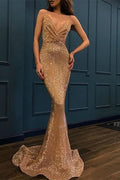 Sequined Spaghetti-Straps V-Neck Sleeveless Mermaid Prom Dress BM bride