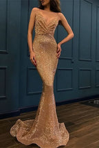 Sequined Spaghetti-Straps V-Neck Sleeveless Mermaid Prom Dress BM bride