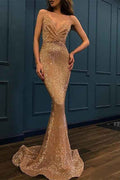 Deep V Neck Sleeveless Long Mermaid Prom Dress Spaghetti Strap With Sequins