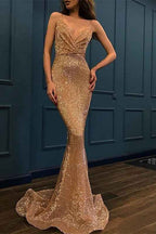 Deep V Neck Sleeveless Long Mermaid Prom Dress Spaghetti Strap With Sequins
