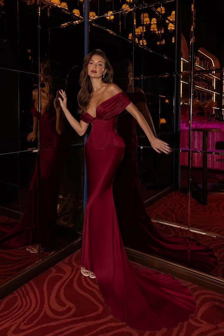 Off the Shoulder Sleeveless Long Mermaid Prom Dress With Pleated BMBRIDE