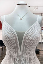 V-Neck Sleeveless Long A-Line Wedding Dress with Sequins, Ruffles, and Open Back Tulle BM bride