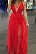 Red Deep V-Neck Long Prom Dress with Slit BM bride