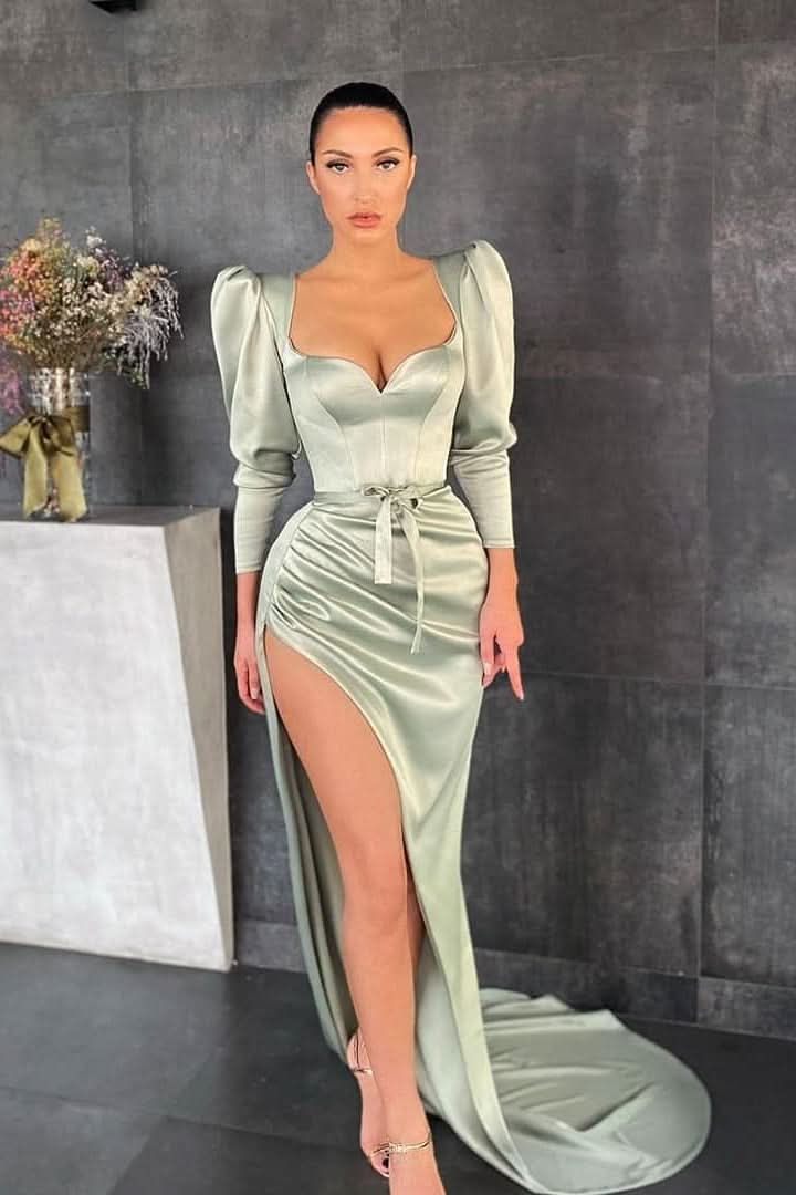 Dusty Sage Long Sleeves Prom Dress with Split and a Bowknot BM bride