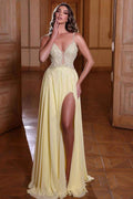 Daffodil Spaghetti Strap V Neck Appliques Prom Dress Split A Line With Split