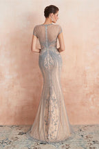 Glamorous Jewel Neck Short Sleeve Mermaid Prom Dress with Beadings BM bride