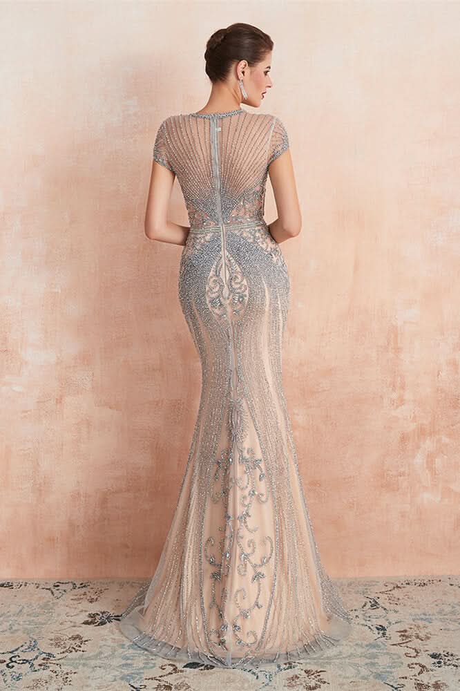 Glamorous Jewel Neck Short Sleeve Mermaid Prom Dress with Beadings BM bride
