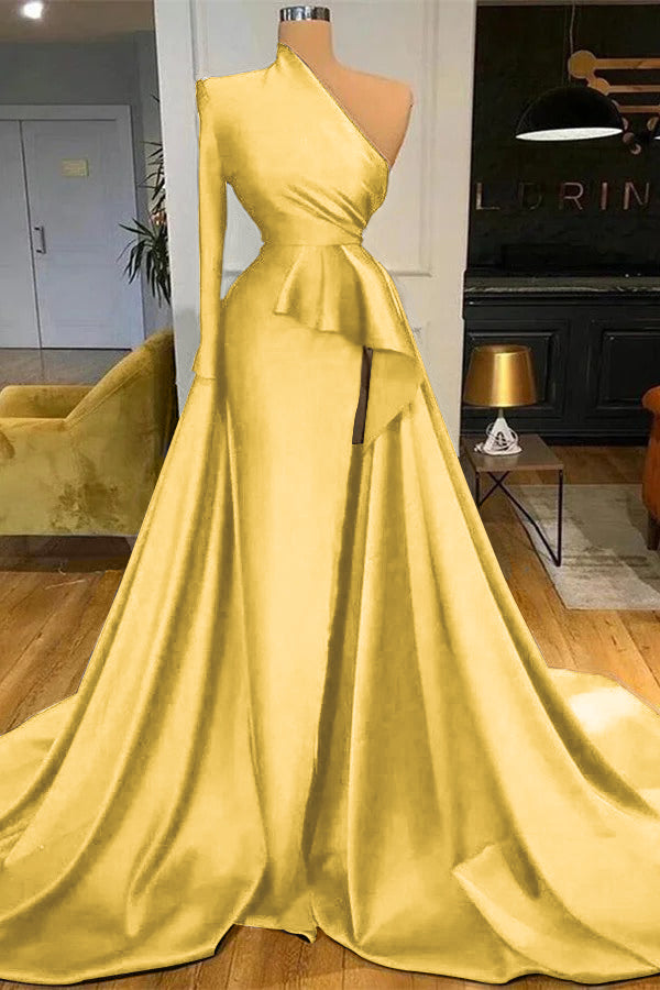 Mermaid Long Sleeve One Shoulder Dark Blue Long Prom Dress With High Split