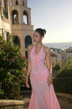 Sleeveless Halter V Neck Long Mermaid Prom Dress With Pleated