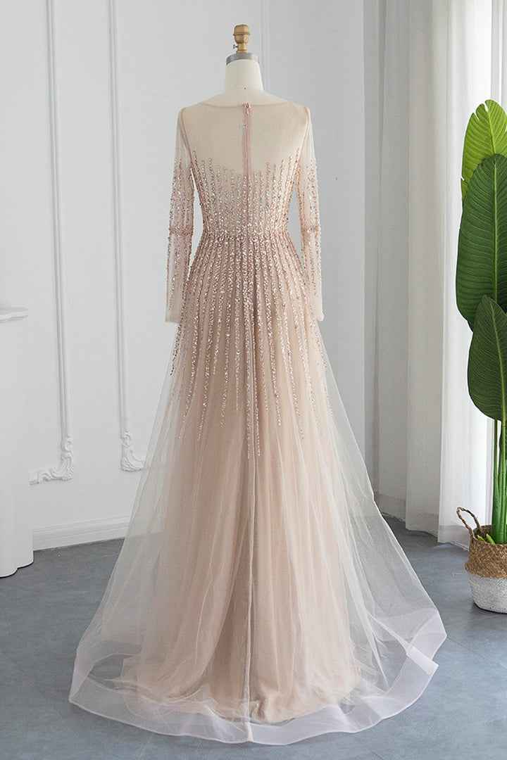 Champagne Jewel Neck A Line Prom Dress Long Sleeves Tulle With Appliques