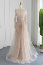 Champagne Jewel Neck A Line Prom Dress Long Sleeves Tulle With Appliques