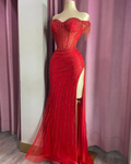 Off the Shoulder Sleeveless Long Split Prom Dress With Beading