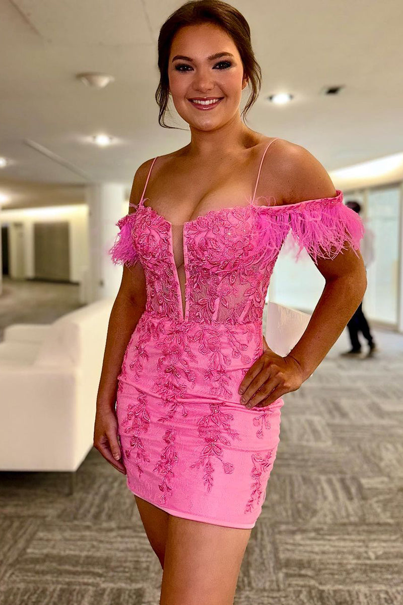 Romantic Off the Shoulder Pink Lace Sheath Homecoming Dress BM bride