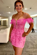 Romantic Off the Shoulder Pink Lace Sheath Homecoming Dress BM bride