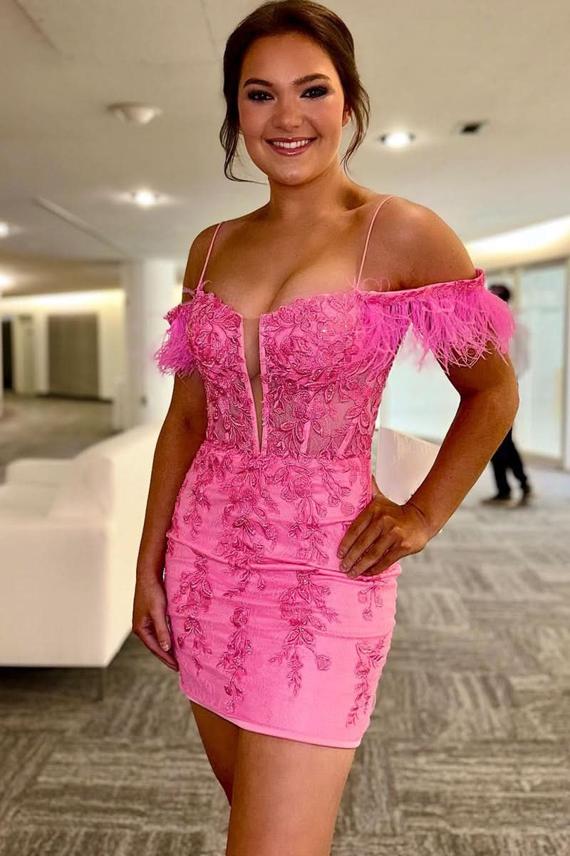 Romantic Off the Shoulder Pink Lace Sheath Homecoming Dress BM bride