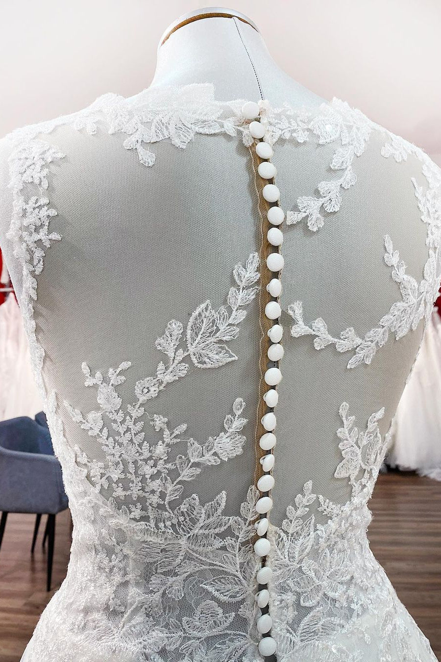 Graceful Jewel Neck Long A-Line Tulle Wedding Dress with Lace Appliques BM bride