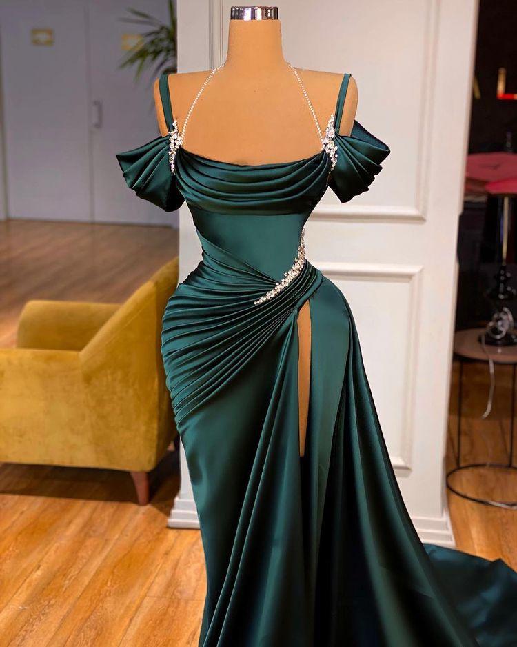 Green Chic Off the Shoulder Beadings Pleated Prom Dress Long With High Split BMBRIDE