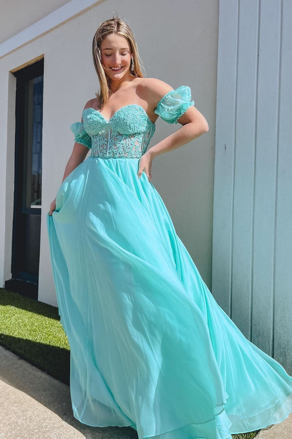 Beautiful A-Line Sweetheart Chiffon Prom Dress with Puff Sleeves BM bride