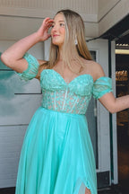 Beautiful A-Line Sweetheart Chiffon Prom Dress with Puff Sleeves BM bride